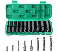 Set di Chiavi a Bussola, Chiave a Lunghe Bussola 1/2'', Set contiene 10 Chiavi a Bussola 8-24mm e 8 Adattatore a Bussola, Per Trapano e Avvitatore a Batteria (nero)