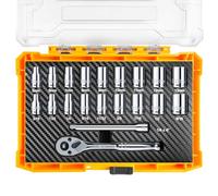 Set di chiavi a bussola piatte da 1/4", SAE (3/16" - 9/16") e chiavi metriche standard (5-13 mm), 6 punti, con cricchetto a 90 denti, asta di prolunga da 4", scatola impilabile in PP