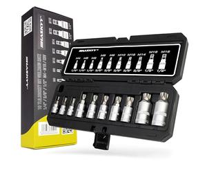 Set di chiavi a cricchetto XZN multidente 1/4" 3/8" 1/2" con bit a testa esagonale e foro frontale, 10 pezzi M4, M5, M6, M8, M9, M10, M12, M14, M16, M18