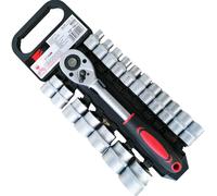 SIO Set di chiavi a bussola e cricchetto da 1/2", 19 pezzi, 8-32 mm, set professionale CR-V con cricchetto reversibile, bussole esagonali incise, manico antiscivolo, kit officina meccanica