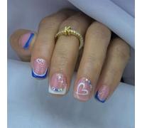 Set di chiodi da pressa quadrati corti con colore blu e bianco con motivo a cuore, unghie artificiali per San Valentino, eventi, unghie artificiali bianche blu