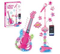 Set di chitarra e microfono per bambini, giocattoli per chitarra con musica e luce colorata, microfono regolabile in altezza con supporto, strumento musicale giocattolo per karaoke (rosa)