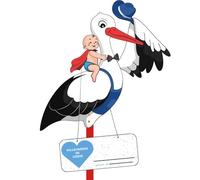 Set di cicogna a sonagli per la nascita, altezza 81 cm, grande e carina cicogna a sonagli in legno per bambini, con stampa su entrambi i lati, con bacchetta di legno + targhetta per il nome