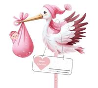 Set di cicogna a sonagli per la nascita del bambino, altezza 81 cm, grande carina cicogna a sonagli in legno per bambini, stampa su entrambi i lati, cicogna di nascita con asta in legno + targhetta