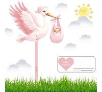 Set di cicogna a sonagli per la nascita del bambino, altezza 83 cm, grande carina cicogna a sonagli in legno per bambini, stampa su entrambi i lati, cicogna di nascita con asta in legno + targhetta