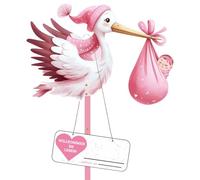 Set di cicogna a sonagli per la nascita, grande carina in legno, altezza 81 cm, stampa su entrambi i lati, asta + targhetta