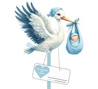 Set di cicogna a sonagli per la nascita, grande carina in legno, altezza 83 cm, stampa su entrambi i lati, asta + targhetta