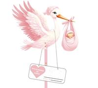 Set di cicogna a sonagli per la nascita, grande carina in legno, altezza 83 cm, stampa su entrambi i lati, asta + targhetta