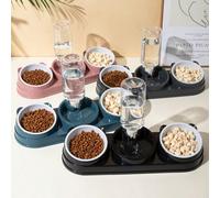 Set di ciotola e distributore d'acqua 2 in 1 per gatti, con design di separazione per cibo secco e umido, realizzato in materiale plastico durevole e facile da pulire, design inclinato per proteggere