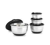 Relaxdays Set 4 Ciotole Cucina con Coperchio, Modello BOWLY, Insalatiere Acciaio Antiscivolo, 14, 5x25,5 cm, Argento, Inossidabile, 4 Pezzi