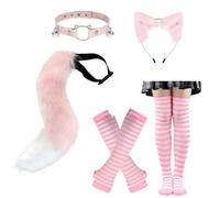 Set di coda di lupo in finta pelliccia di volpe, costume rosa con coda di volpe in finta pelliccia, fascia, colletto, mezze maniche e calze, perfetto per feste di ruolo, celebrazioni di festa, regali
