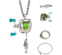 Set di collana e anello a mulinello da pesca in lega per mini ciondolo a forma di pesce con catena regolabile da 60 cm per gli appassionati di sport all'aria aperta (collana)