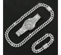 Set di collana e braccialetto Hip Hop per ragazzi, 3 pezzi, orologio al quarzo con calendario, stile sportivo e vacanziero Tagli UnicaLega di zinco