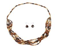 Set di collane a più fili con perline di legno e nappe da donna, lunga catena a frange marrone con orecchini intagliati, stile etnico bohémien per le vacanze