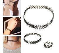 Set Di Collane, Bracciali E Anelli In Pizzo Nero Retro Vintage Elasticizzato