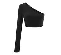 Set di collane da donna invernali Solid One Shoulder a maniche lunghe Sexy Slim Back Girl Short Top da donna, Nero , S