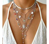 Set di collane lunghe in argento stile boho bohémien da 7 pezzi/2 pezzi, vintage francese elegante, fashion hip hop, casual da vacanza, dolce, con catena sottile, strass bling bling, perle finte, cion