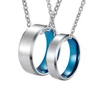 Set di collane per coppie, da uomo, in acciaio inox, con anello spazzolato blu argento con bordo smussato, regalo per lui e per lei, W-T 1/2+Men V 1/2, Acciaio inossidabile, Nessuna pietra preziosa
