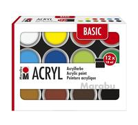 Marabu Set acrilici Basic, 12 Colori Semi-opachi da 18 ml, Facili da dipingere, ad Asciugatura Rapida, Resistenti alla Luce e alle intemperie, 1210000000214, Multicolor, 12 x 18 ml