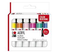 Marabu Set acrilici Blocking, 6 Colori semilucidi da 12 ml, Facili da dipingere, ad Asciugatura Rapida, Resistenti alla Luce e alle intemperie, 1210000000213, Multicolor, 6 x 12 ml