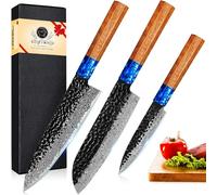 Set di coltelli da 3 pezzi Coltello da chef in acciaio di Damasco Coltello da intaglio multiuso Modello a martello Coltello affilato Manico in palissandro Three piece set