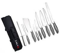 Set di coltelli da chef Ross Henery di 9 pezzi, coltelli da cucina di stile giapponese, con affilacoltelli in acciaio e custodia di trasporto in tela incluso.