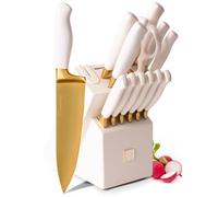 Set di coltelli da cucina con blocco autoaffilante, 14 pezzi, in titanio rivestito in oro e bianco sporco, con blocco bianco e affilacoltelli incorporati, accessori da cucina di lusso ed eleganti