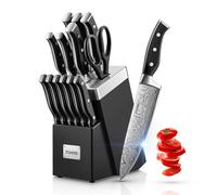 Set di Coltelli da Cucina, FOHERE Set di Coltelli con Ceppo Affilacoltelli Integrato, 14 Pezzi, Coltelli da Cucina Professionale, Acciaio Inossidabile, Nero