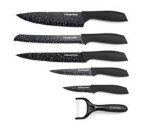 Set di Coltelli e Pelapatate Russell Hobbs 6 Pezzi - Coltelli da Chef/Pane/Carne/Utility/Sbucciatura, Lame Rivestite Antiaderenti Effetto Marmo, Manici Ergonomici Soft-Touch, Lavaggio a Mano, Nero