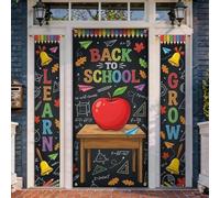 Set di copertine per porta di benvenuto con frutta, libri educativi e giocosi da tavolo per il ritorno al campus rosso per le vacanze portico per feste e feste in famiglia, decorazione per porta