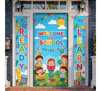 Set di copertine per porta di benvenuto per libri, giocosi e gioiosi globi per bambini torna al campus blu per vacanze portico festa sfondo banner decorazione per porta d'ingresso, casa, porta, patio