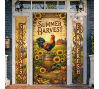 Set di coperture per porta di benvenuto a forma di gallo, rustico, girasoli, zucche, estive, gialle, vacanze, portico, striscione decorativo per porta d'ingresso, casa, porta, patio, 3 pezzi