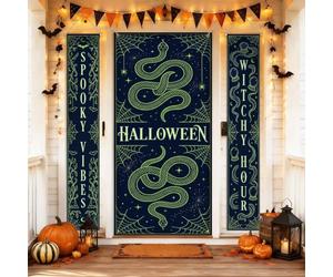Set di coperture per porta di benvenuto a forma di serpente, con testo spettrale di Halloween con ragnatela di Halloween, nero, per portico verticale, decorazioni per porta d'ingresso, feste, riunioni