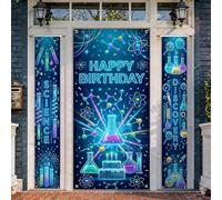 Set di coperture per porta di benvenuto, celebrazione moderna atomi molecole compleanno blu vacanza portico porta banner decorativo per ingresso anteriore festa riunione di famiglia 3 pezzi