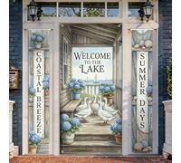 Set di coperture per porta di benvenuto con anatre, ortensie rustiche costiere, barche a vela, estate blu, segno per portico, decorazioni per porta d'ingresso, casa, porta, patio, 3 pezzi
