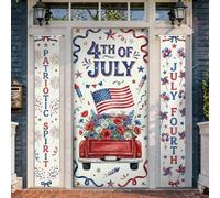 Set di coperture per porta di benvenuto con bandiera patriottica, fuochi d'artificio festivi per il 4 luglio, decorazioni rosse per portico per feste, decorazioni per casa, ingresso anteriore, cortile
