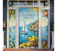 Set di coperture per porta di benvenuto con barca a vela, cesto di limoni tropicali costieri, estivi, blu, da appendere, striscione decorativo per porta d'ingresso anteriore, ingresso esterno, 3 pezzi