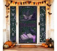 Set di coperture per porta di benvenuto con cappello da strega, gotico, fantasioso, farfalla, gatto, Halloween, verde, vacanza, portico, porta, striscione decorativo per ingresso anteriore, feste