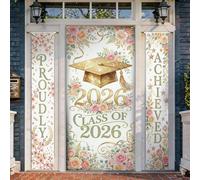 Set di coperture per porta di benvenuto con cappello di laurea, celebrativo floreale rose stelle laurea oro vacanza portico segno banner decorazioni per casa esterna porta d'ingresso cortile patio 3