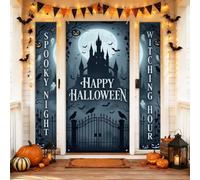 Set di coperture per porta di benvenuto con castello, pipistrelli spettrali gotici zucche Halloween nero vacanza portico verticale banner decorazioni per porta d'ingresso esterno 3 pezzi