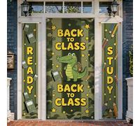 Set di coperture per porta di benvenuto con coccodrillo, stelle giocose e cartoni animati, matita per il ritorno a scuola, verde, vacanze, portico, sfondo, striscione, decorazioni per porta d'ingresso