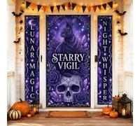 Set di coperture per porta di benvenuto con coniglio, teschio gotico mistico rose Halloween viola vacanza portico verticale banner decorazioni per porta d'ingresso, feste, riunioni di famiglia, 3
