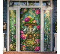 Set di coperture per porta di benvenuto con funghi, fantasiosi fiori e farfalle verde primavera verde vacanza portico banner decorazioni per porta d'ingresso, feste, riunioni di famiglia, 3 pezzi