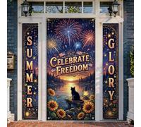 Set di coperture per porta di benvenuto con fuochi d'artificio, estivi, festivi, girasoli, lanterna, estate, blu, vacanze, portico, porta, striscione decorativo per ingresso anteriore, ingresso