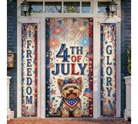 Set di coperture per porta di benvenuto con fuochi d'artificio, stelle e bandiere americane con stelle rosse luglio per le vacanze, striscione da appendere alla porta del portico, decorativo per