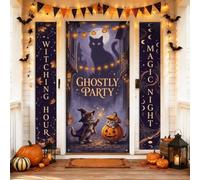 Set di coperture per porta di benvenuto con gatti, fantasiosi festivi strega zucche di Halloween, blu scuro, portico verticale, decorazioni per casa, porta d'ingresso, porta, interni ed esterni, 3