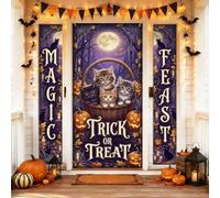 Set di coperture per porta di benvenuto con gattini, fantasiosi festivi zucche luna Halloween viola vacanze portico verticale banner decorazioni per porta d'ingresso, ingresso ingresso esterno, 3