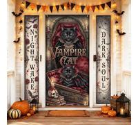 Set di coperture per porta di benvenuto con gatto vampiro, gotico fantasioso rosa bara Halloween nero vacanza portico verticale banner decorazioni per porta d'ingresso esterno 3 pezzi