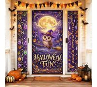 Set di coperture per porta di benvenuto con gufo, fantasioso festivo zucche luna Halloween viola vacanze portico porta banner decorativo per ingresso anteriore ingresso ingresso esterno 3 pezzi