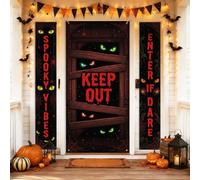 Set di coperture per porta di benvenuto con occhi, spettrali tavole di legno con testo Halloween nero vacanza portico festa banner decorazioni per casa porta d'ingresso interni ed esterni 3 pezzi
